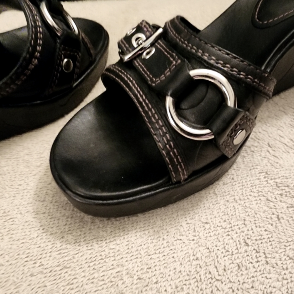 Coach  Womens Leather Wedge Platform Slides Sandals Size 8.0 B Black